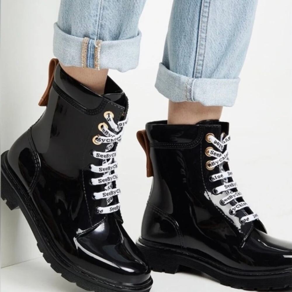 See By Chloe Florrie Black Rubber Rain Boots - Size 36